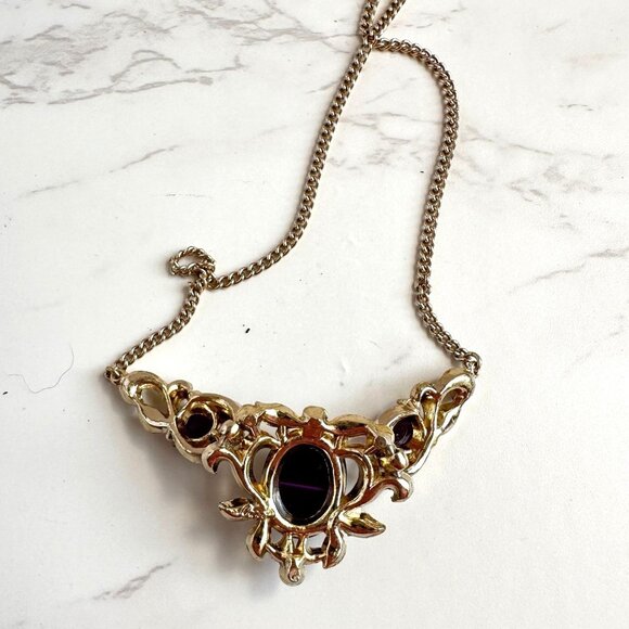 Vintage Coro Necklace, Purple Cabochon Statement Necklace, Mid Century Signed Je - Picture 4 of 8